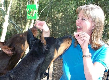Cathy with Rudy and Zena, her dear Dobies