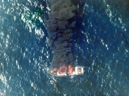 Aerial of Boat on Fire