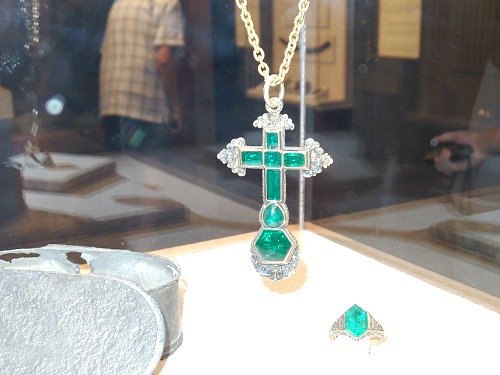 Atocha Shipwreck Massive Emerald Ring and Emerald Cross Necklace On Display Mel Fisher Maritime Museum