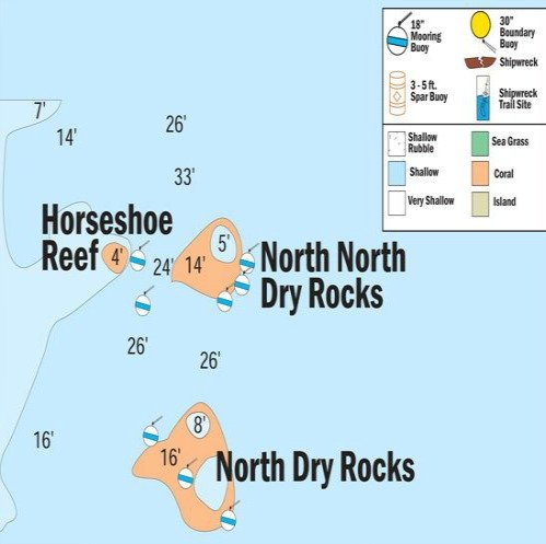 Horseshoe, Double North and North Dry Rocks Map